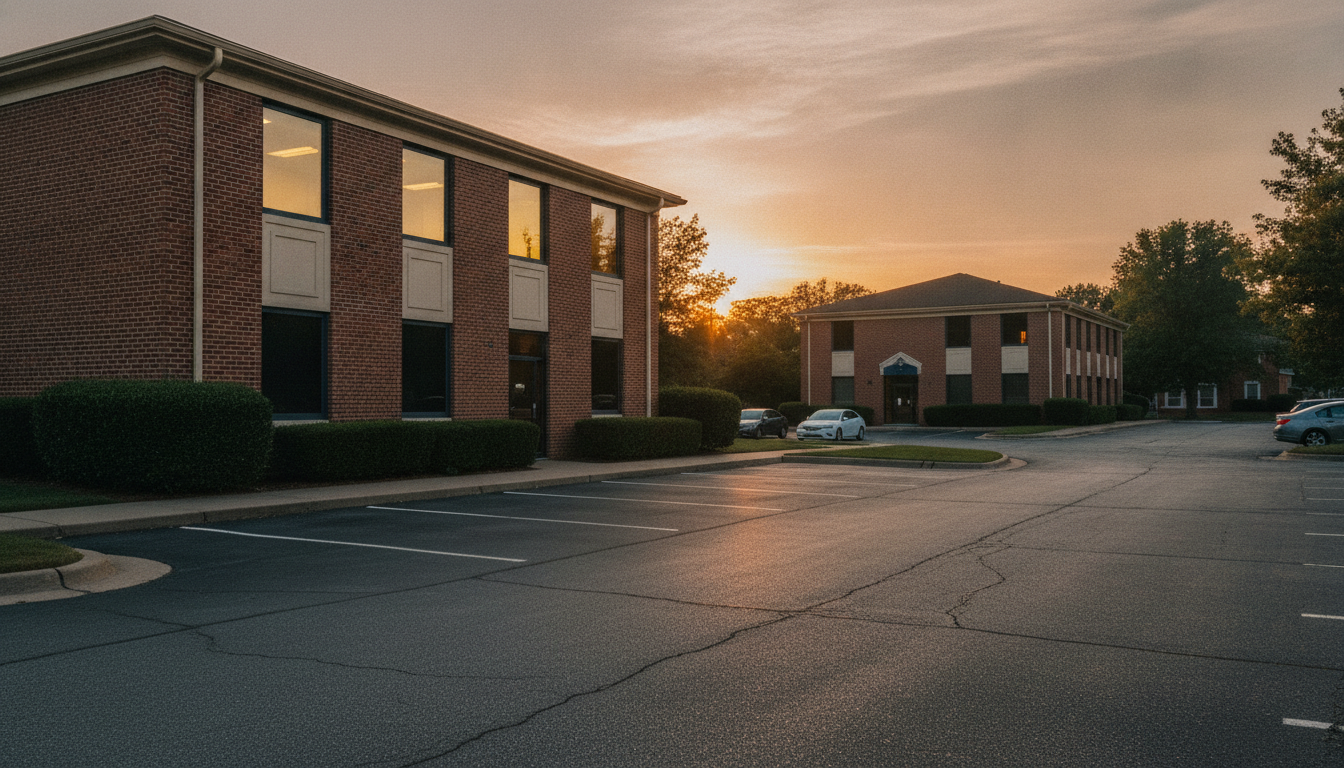 Two-story brick professional office buildings in a quiet business park at sunset, lights on in a few upper windows, parking lot nearly empty, no people visible