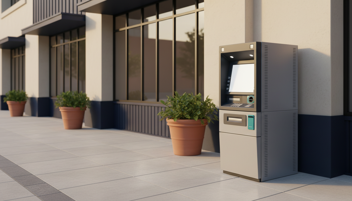 Street-level view of a standalone ATM machine on an urban sidewalk