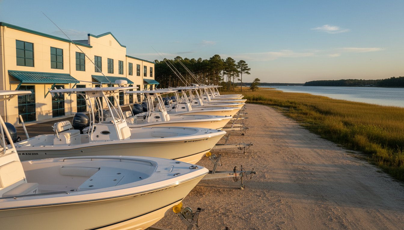 Row of sportfishing boats on trailers at a coastal North Carolina marine and powersports dealership at golden hour, Pamlico River visible in the background