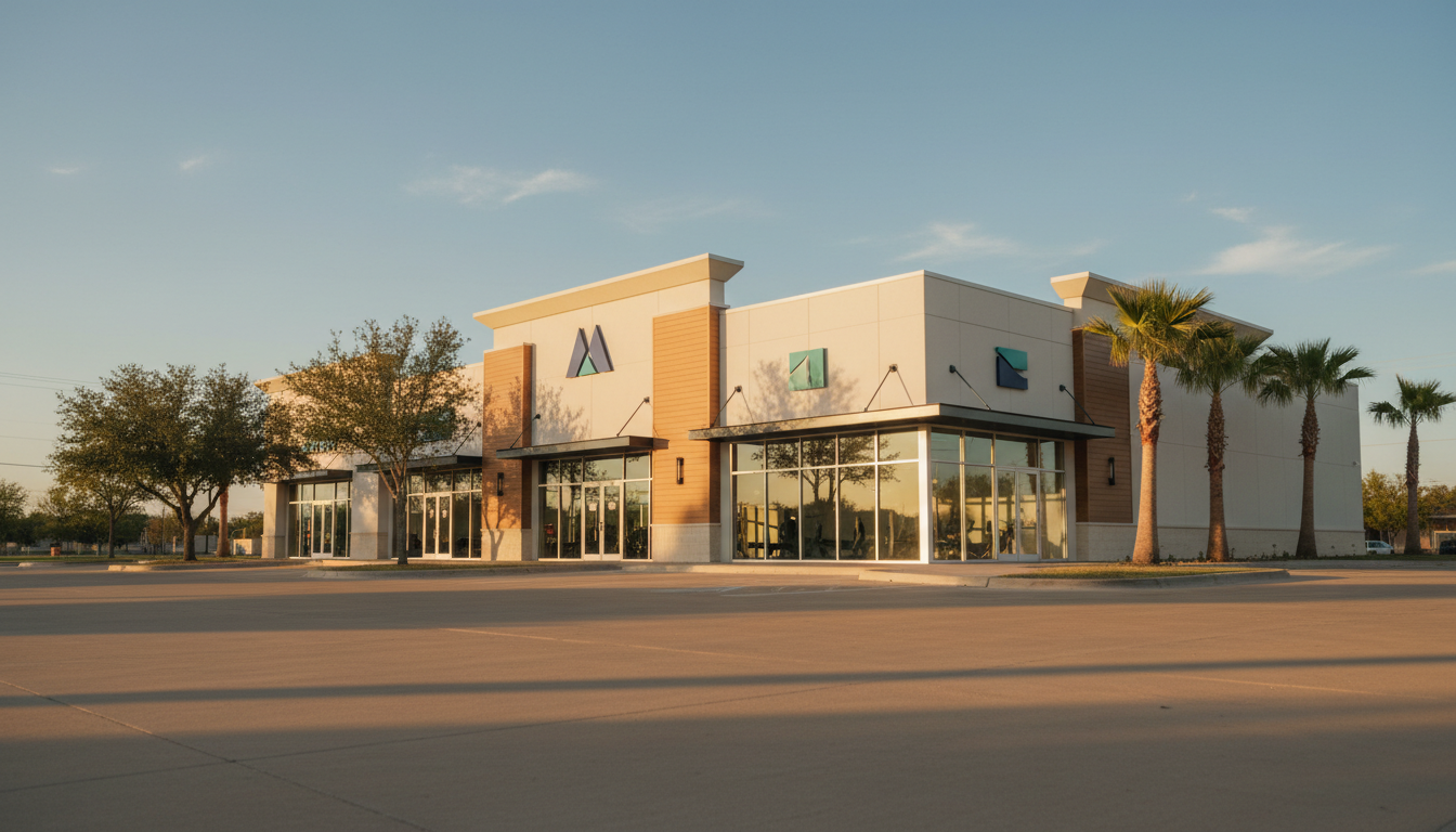 Sunny Texas fitness studio exterior at golden hour with warm interior light spilling onto the parking lot