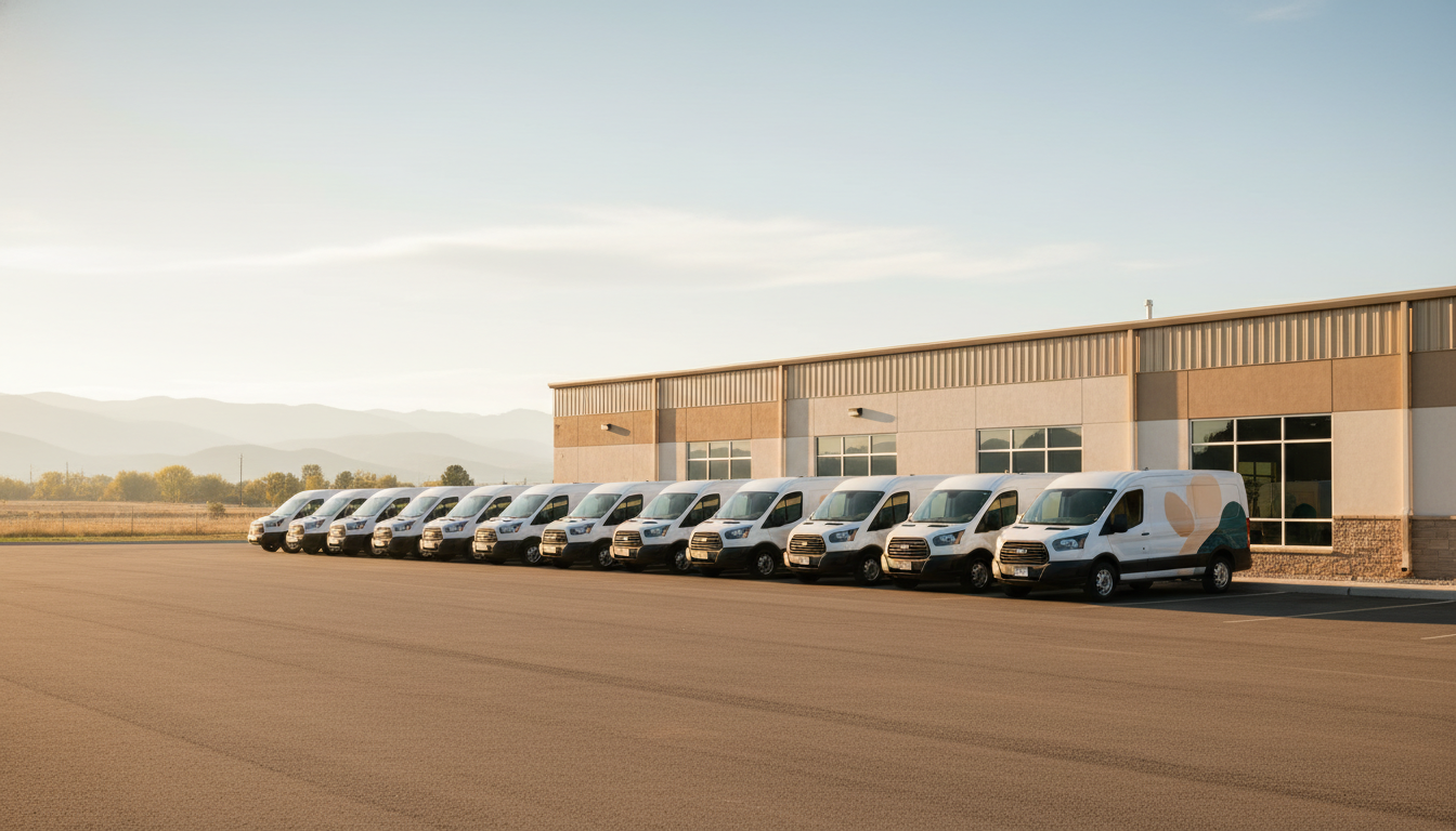 Colorado HVAC service yard at golden hour with a row of clean service vans parked in front of a low shop building, Front Range visible in the background