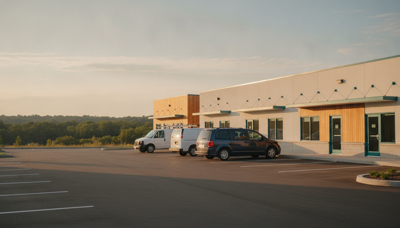 A small suburban commercial corridor at golden hour with quiet, well-maintained service business facades and warm late-afternoon light across the pavement
