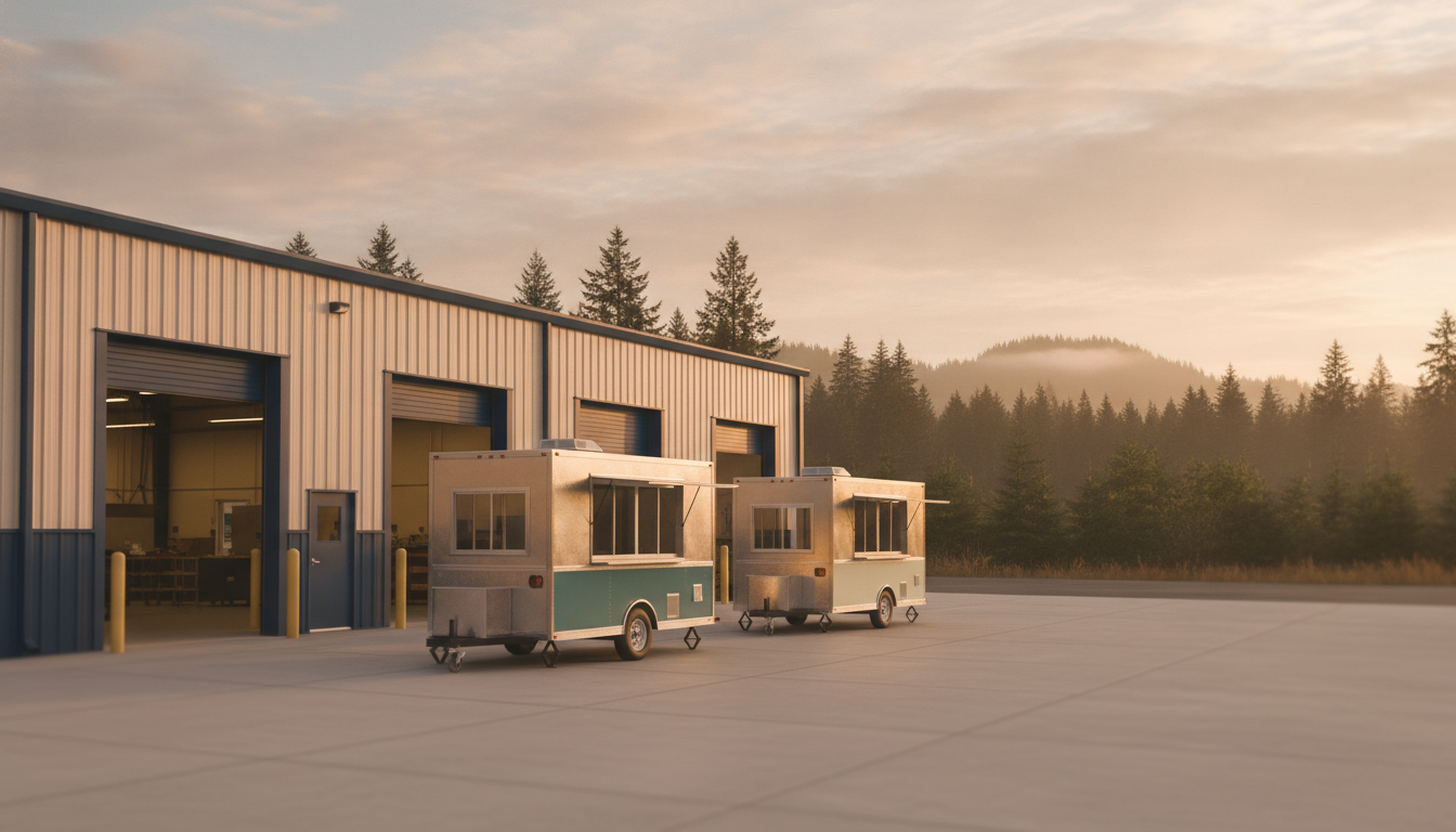 A Pacific Northwest light-industrial fabrication shop at golden hour with finished food carts parked on the concrete apron and warm interior light spilling from open bay doors