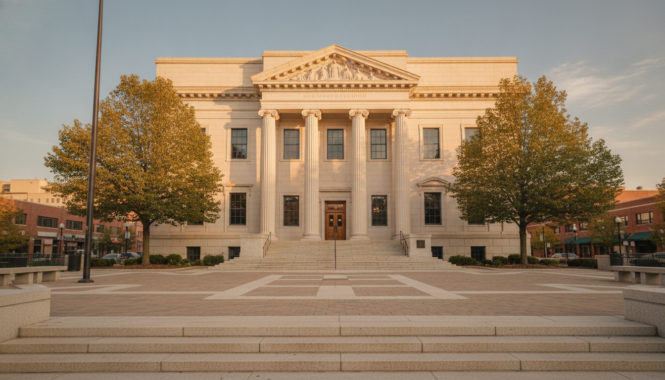 A stately American Federal-style office building at golden hour with warm late-afternoon light raking across the limestone facade and empty steps below