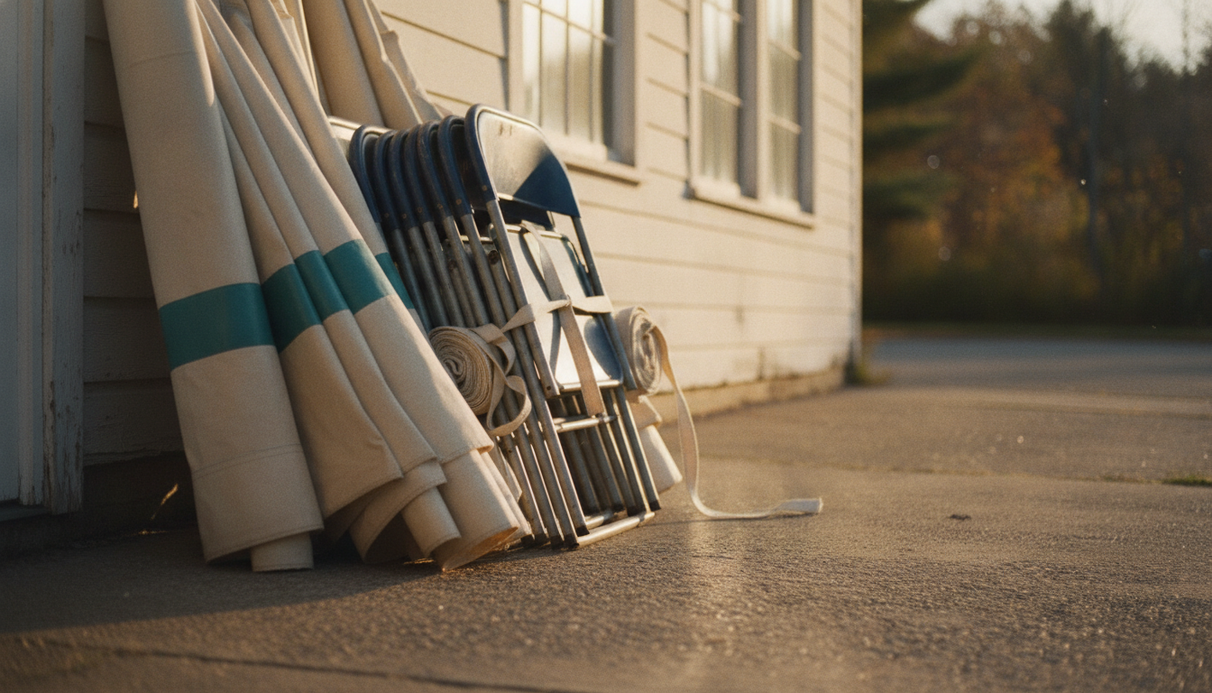 Rolled event tents and folding chairs stacked against a clapboard warehouse in late afternoon light, with New England woods behind