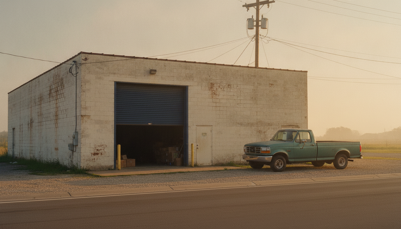 A plain concrete-block services building on the edge of a small town at sunrise, roll-up door open and a pickup parked alongside