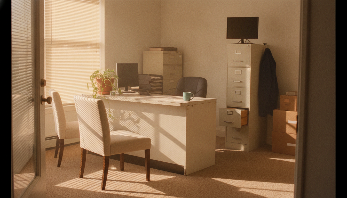 A small accounting firm's front office seen through the doorway at sunrise, blinds striping the light across an empty desk, a mug left out, a filing cabinet drawer open and boxes stacked in the corner