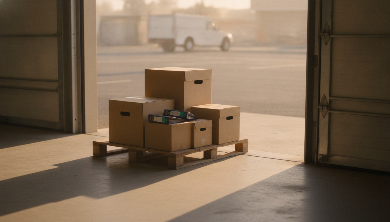 A pallet of closed cardboard file boxes and binders just inside the open roll-up door of a small service business, early morning light, a work truck out of focus in the lot beyond