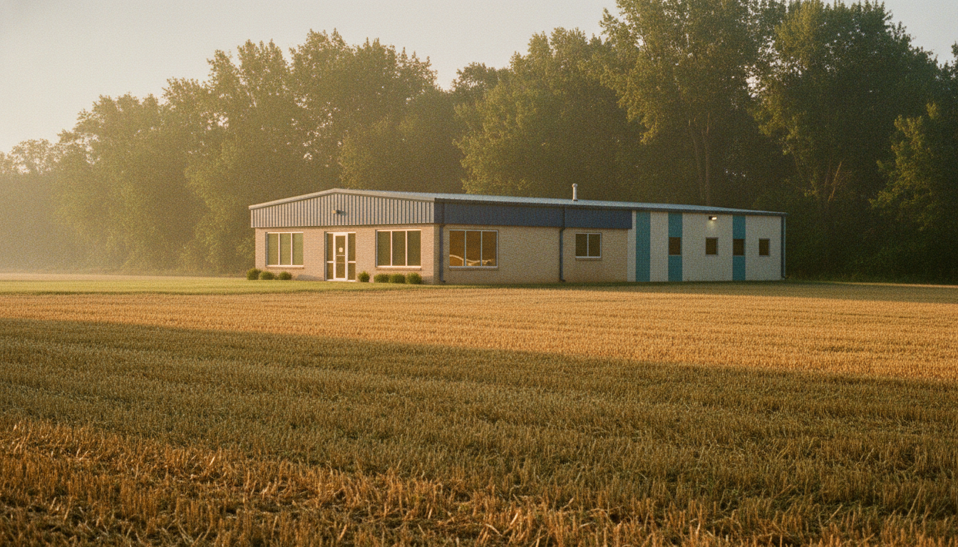 A small single-story office and shop building at the edge of town, seen across a harvested field in early morning haze, trees behind it