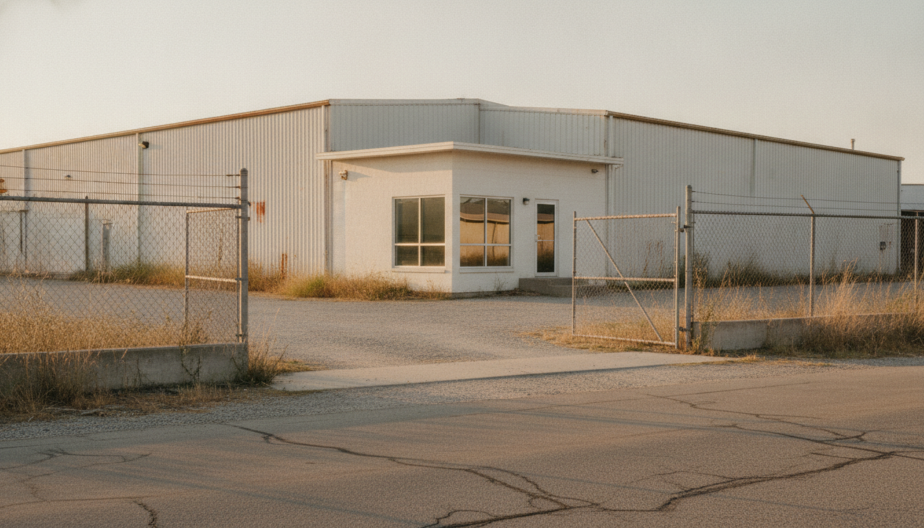 A small metal-sided industrial building with an office front, seen from a cracked road through an open chain-link gate, dry grass along the fence in late-day light