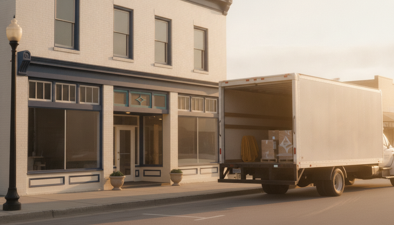 A box truck with its back open parked outside a two-story brick storefront on a quiet main street at sunrise