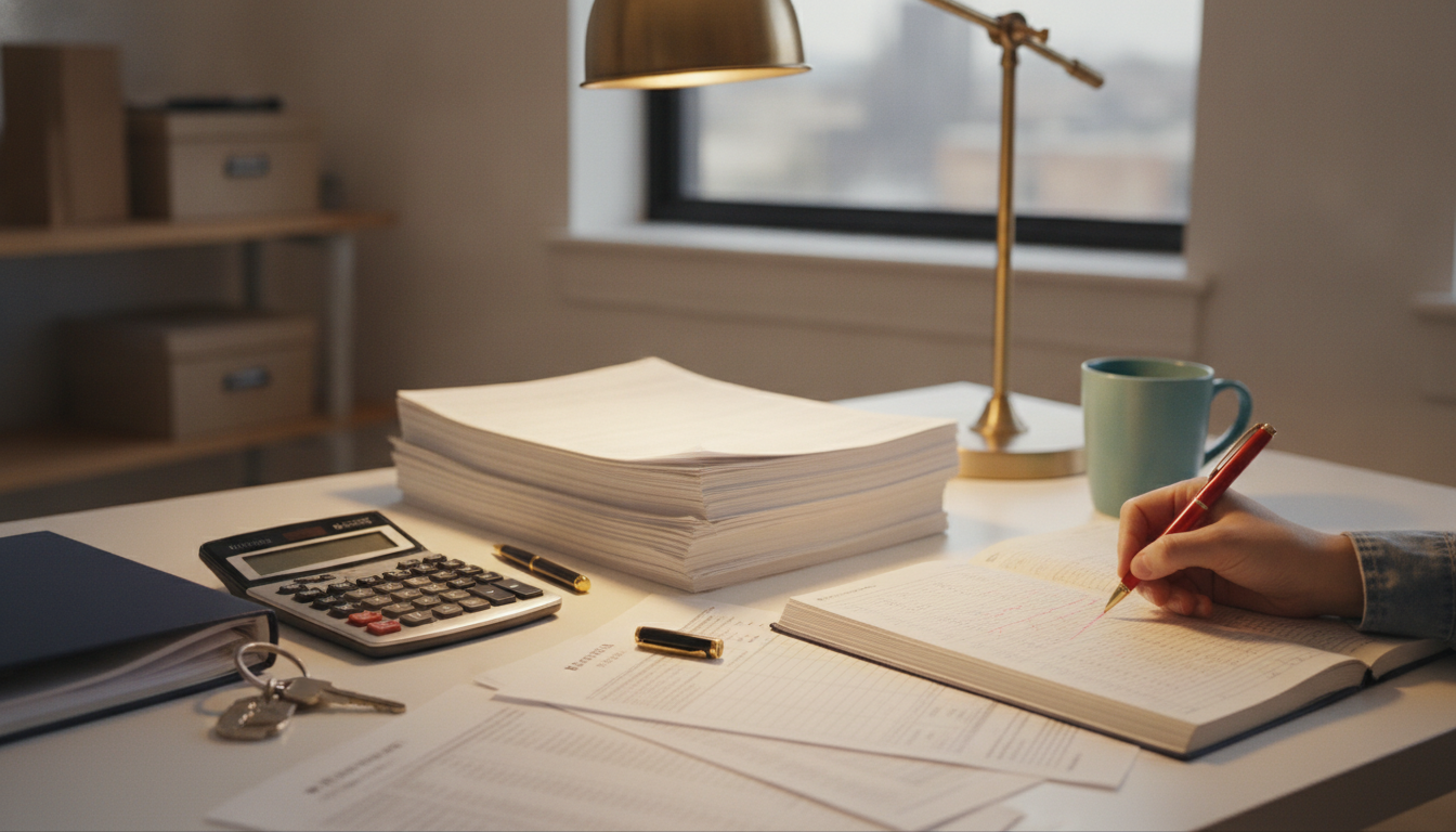 An owner marking up profit and loss statements at a desk beside a stack of tax returns, a calculator and a ring of keys