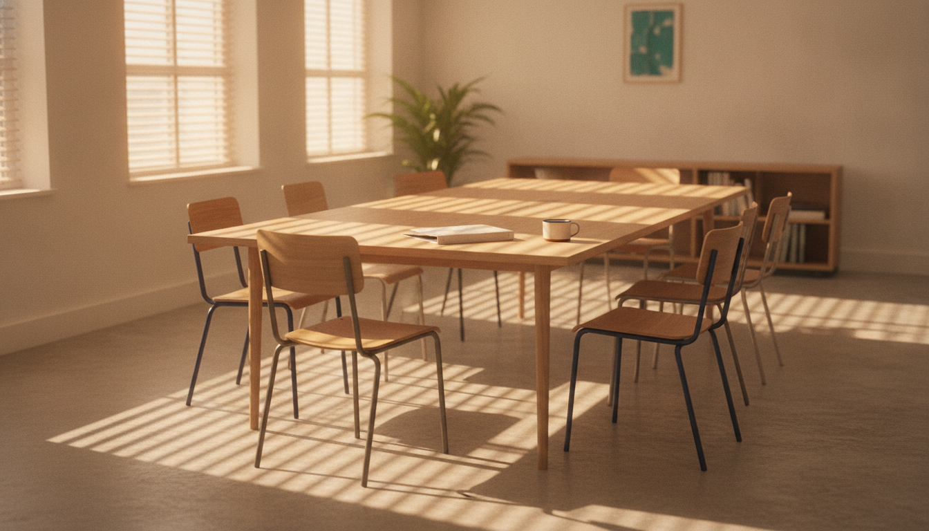 An empty small-business conference room at golden hour, chairs pushed in at angles and striped light falling across the table