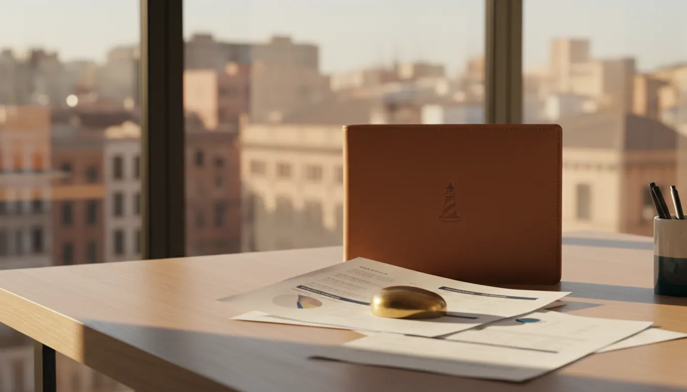 Leather portfolio and financial documents on an oak desk in warm natural light — editorial still life evoking careful deliberation before a major business decision