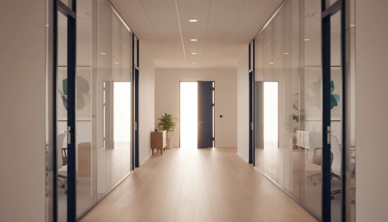 Modern office corridor with glass-walled conference rooms and warm morning light streaming through windows, one door open at the end