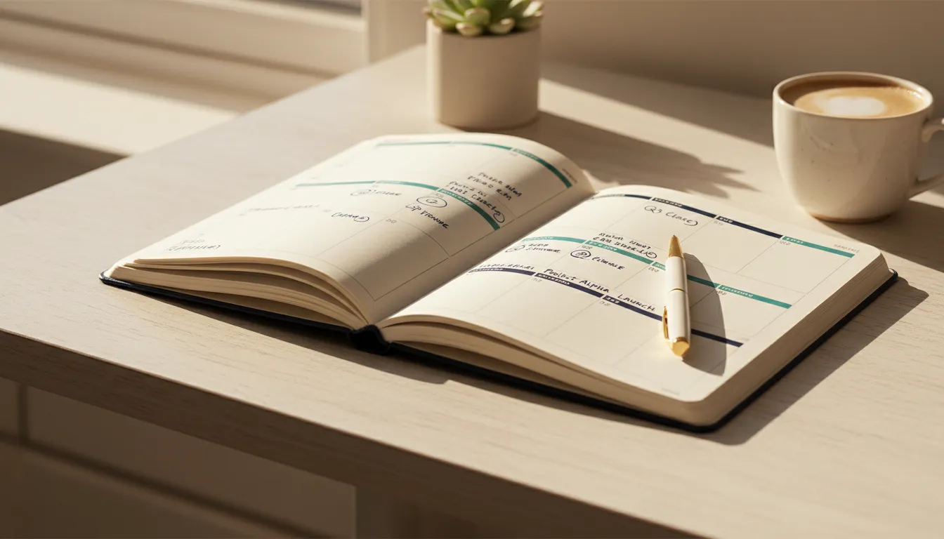 Open daily planner on a bright desk with warm morning light, pages fanning forward