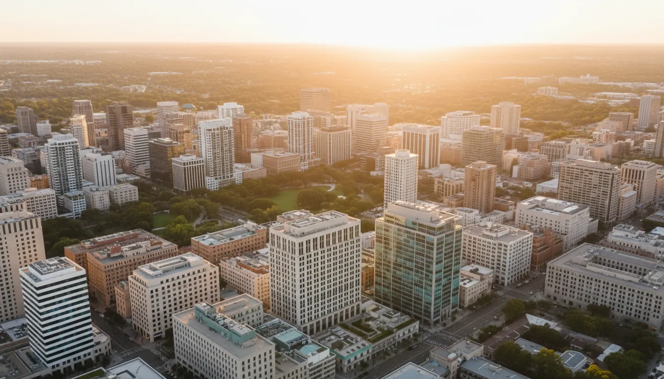 Aerial view of a modern city grid at golden hour with geometric buildings casting long warm shadows