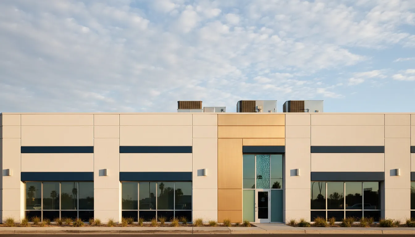 Modern commercial building exterior with rooftop HVAC units in bright afternoon sunlight