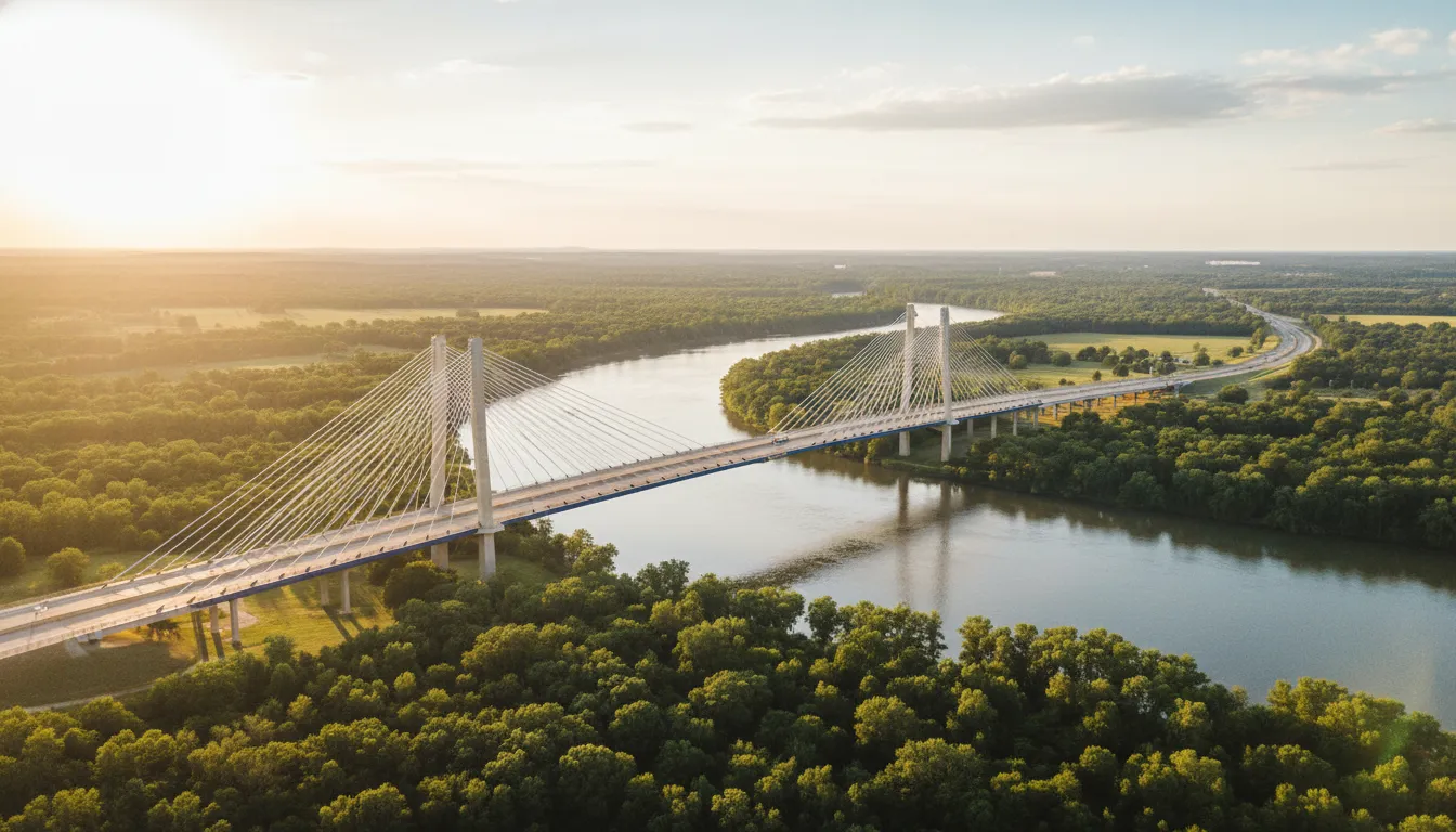 Aerial view of a cable-stayed bridge over a wide river in a lush Southern landscape at golden hour