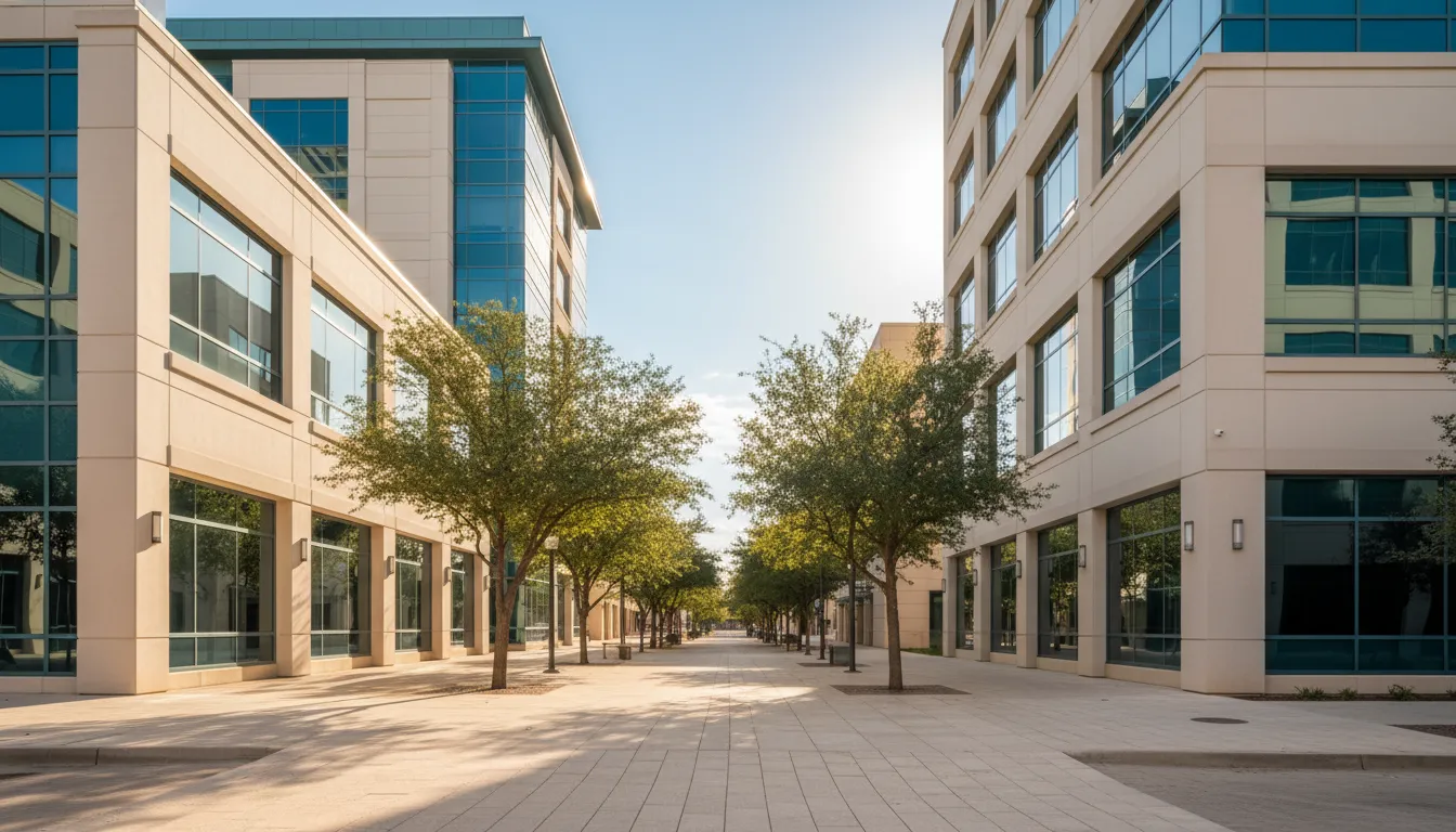 Warm Southwest downtown streetscape with clean stucco and glass office buildings under a bright Texas sky