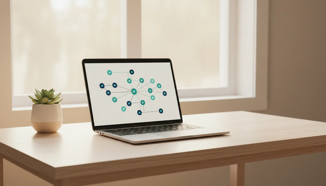Open laptop on a clean bright desk next to a large window with warm natural light and a small potted plant
