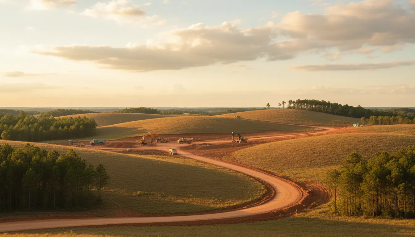 Rural North Carolina rolling hills with construction equipment at golden hour, red clay earth and pine trees