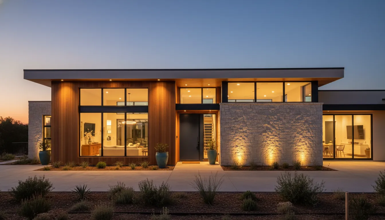 Modern smart home exterior at dusk with warm light glowing from large windows and contemporary architecture