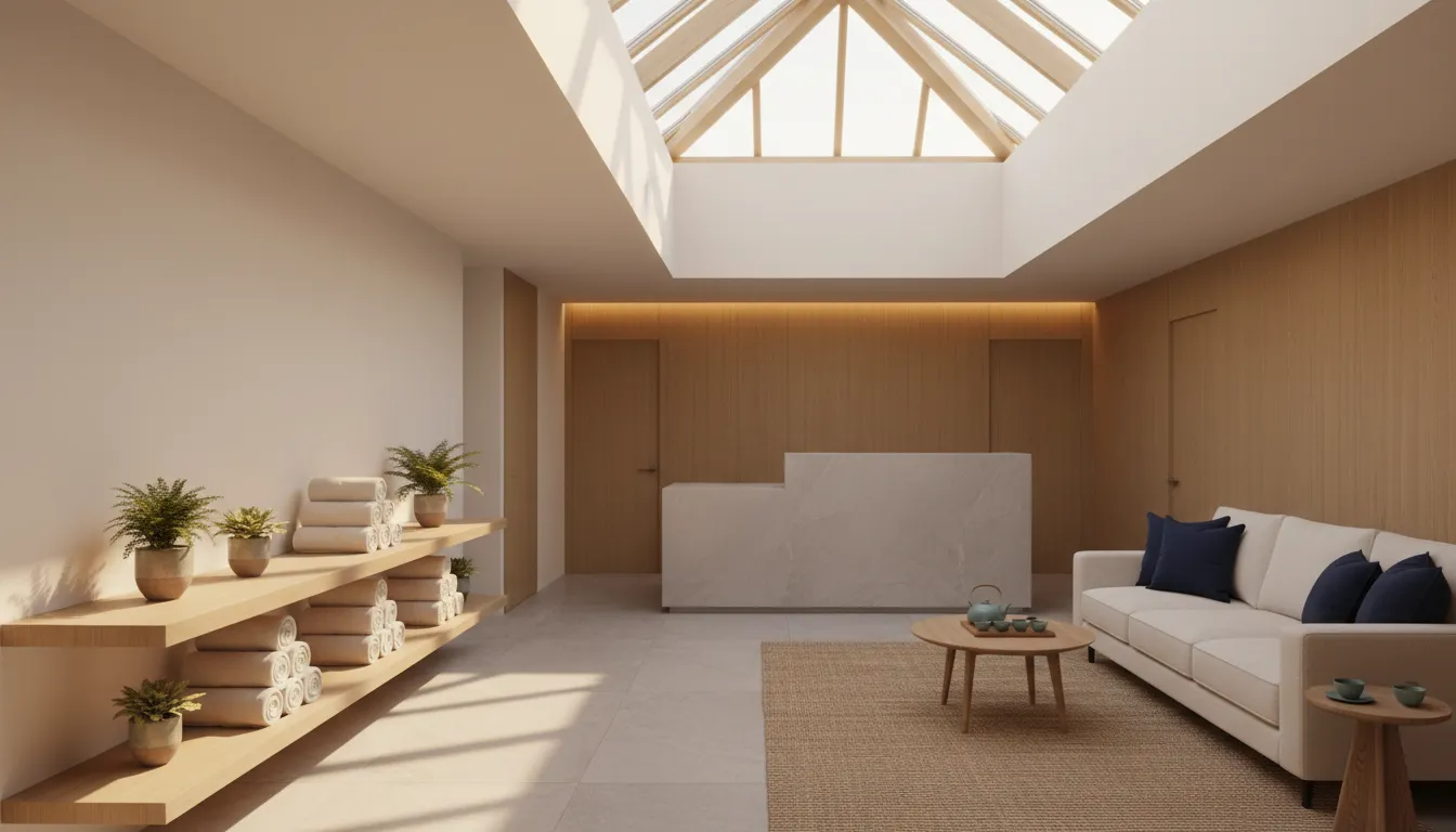 Bright airy spa interior with natural wood shelving, neatly rolled white towels, and potted green plants in warm natural light