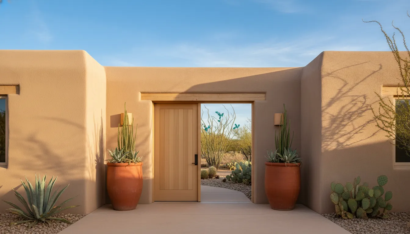 Southwest-style spa entrance with warm adobe walls, desert landscaping with agave plants, and bright blue sky