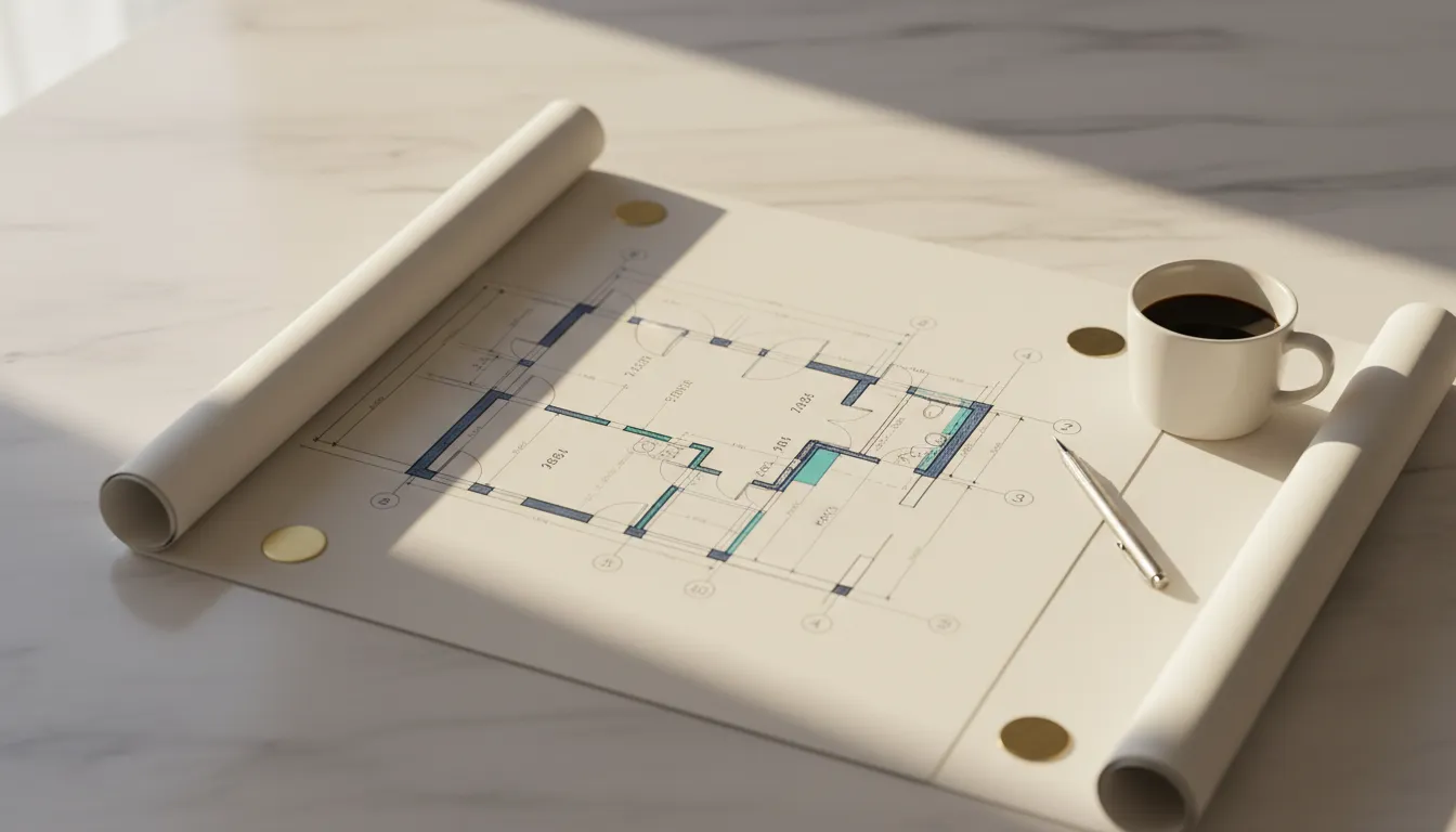 Overhead view of large architectural blueprints unrolled on a marble table with coffee and a mechanical pencil