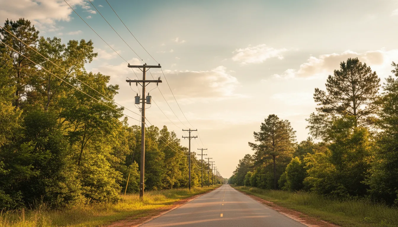 Electrical power line infrastructure along a tree-lined rural road in South Carolina at golden hour
