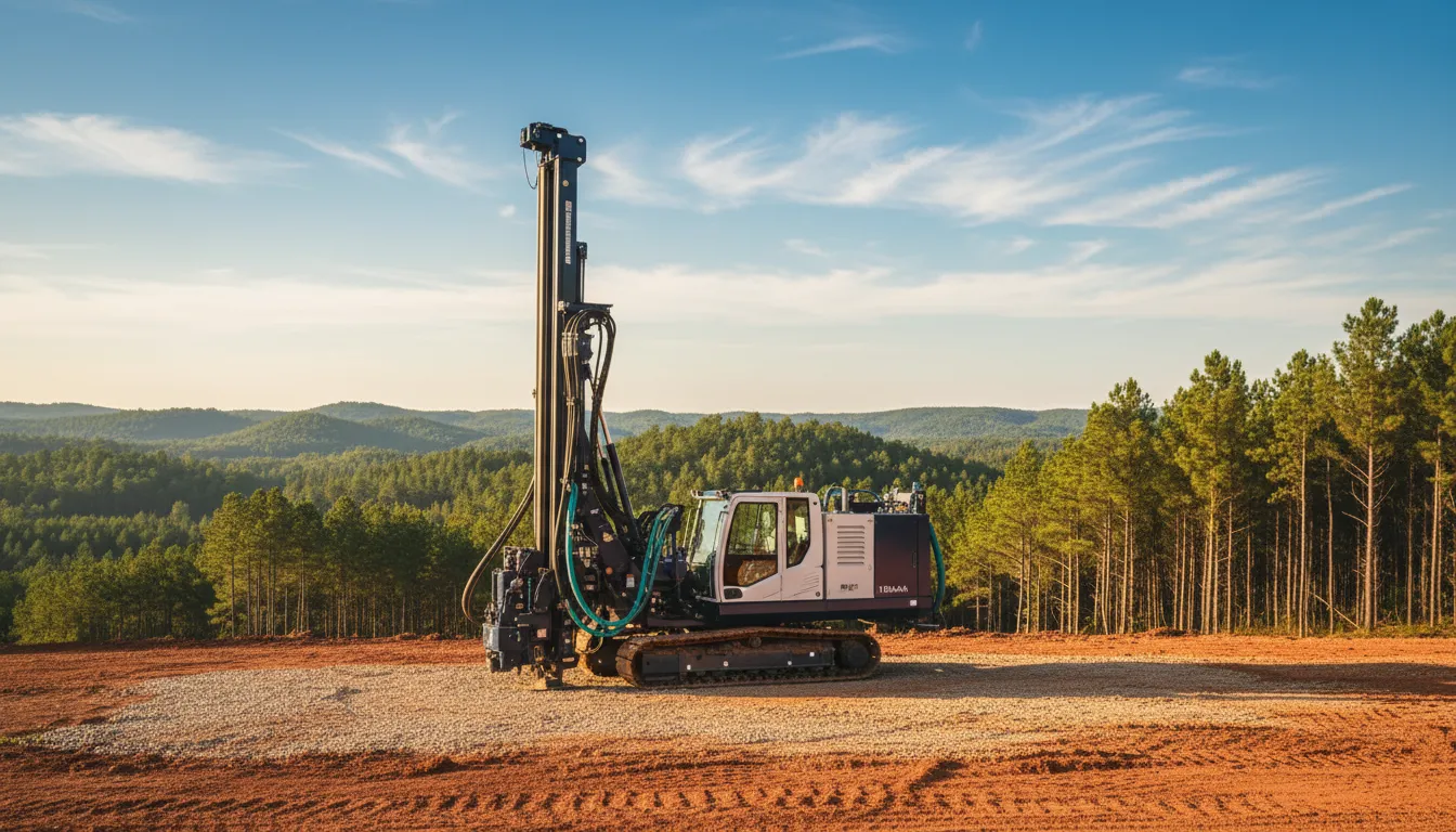 Horizontal directional drilling rig on a cleared work site in rural North Carolina at golden hour