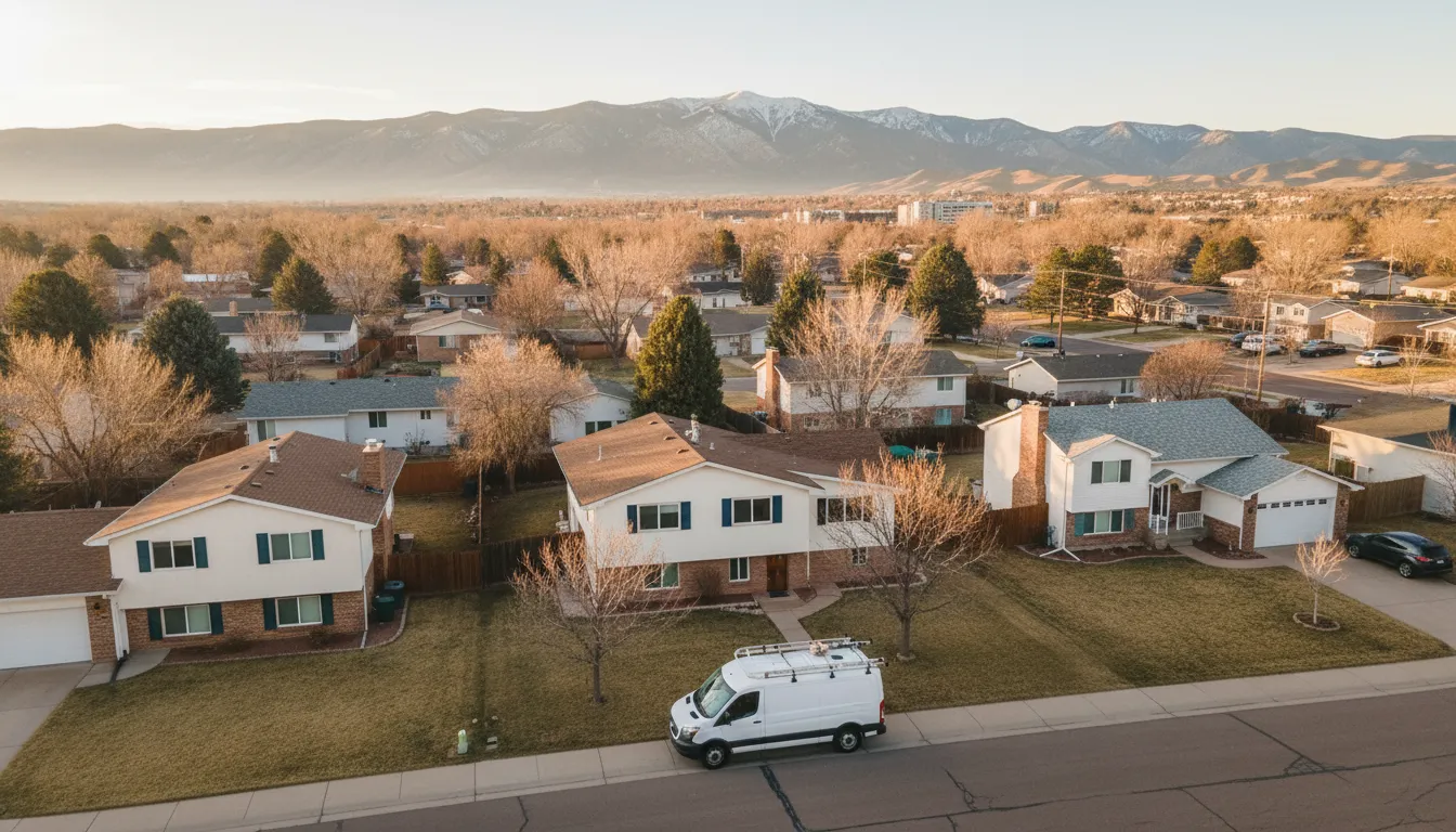 HVAC service truck in a suburban Colorado neighborhood with Rocky Mountain foothills in the background