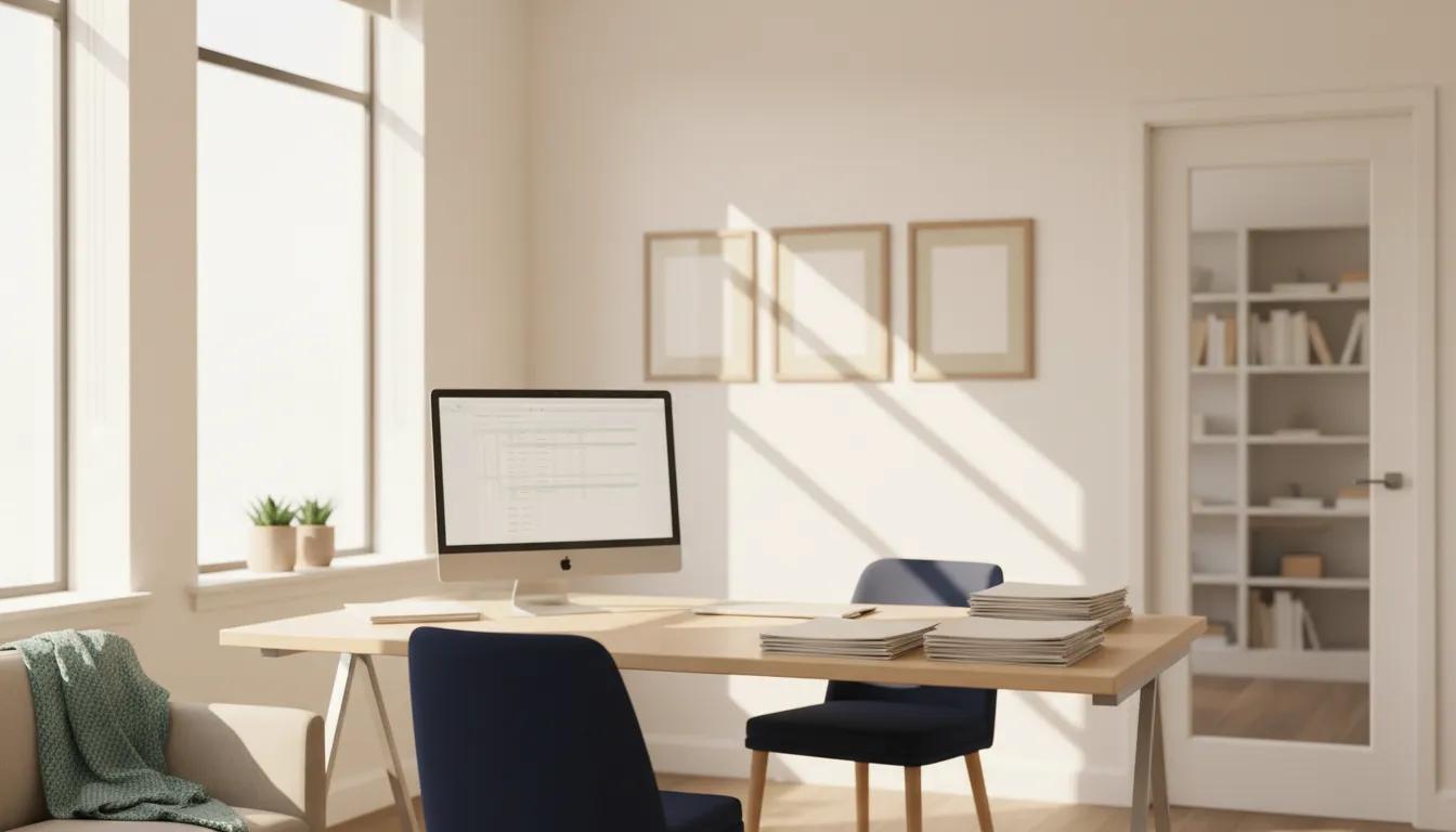 Modern CPA accounting office interior with natural light and organized financial documents