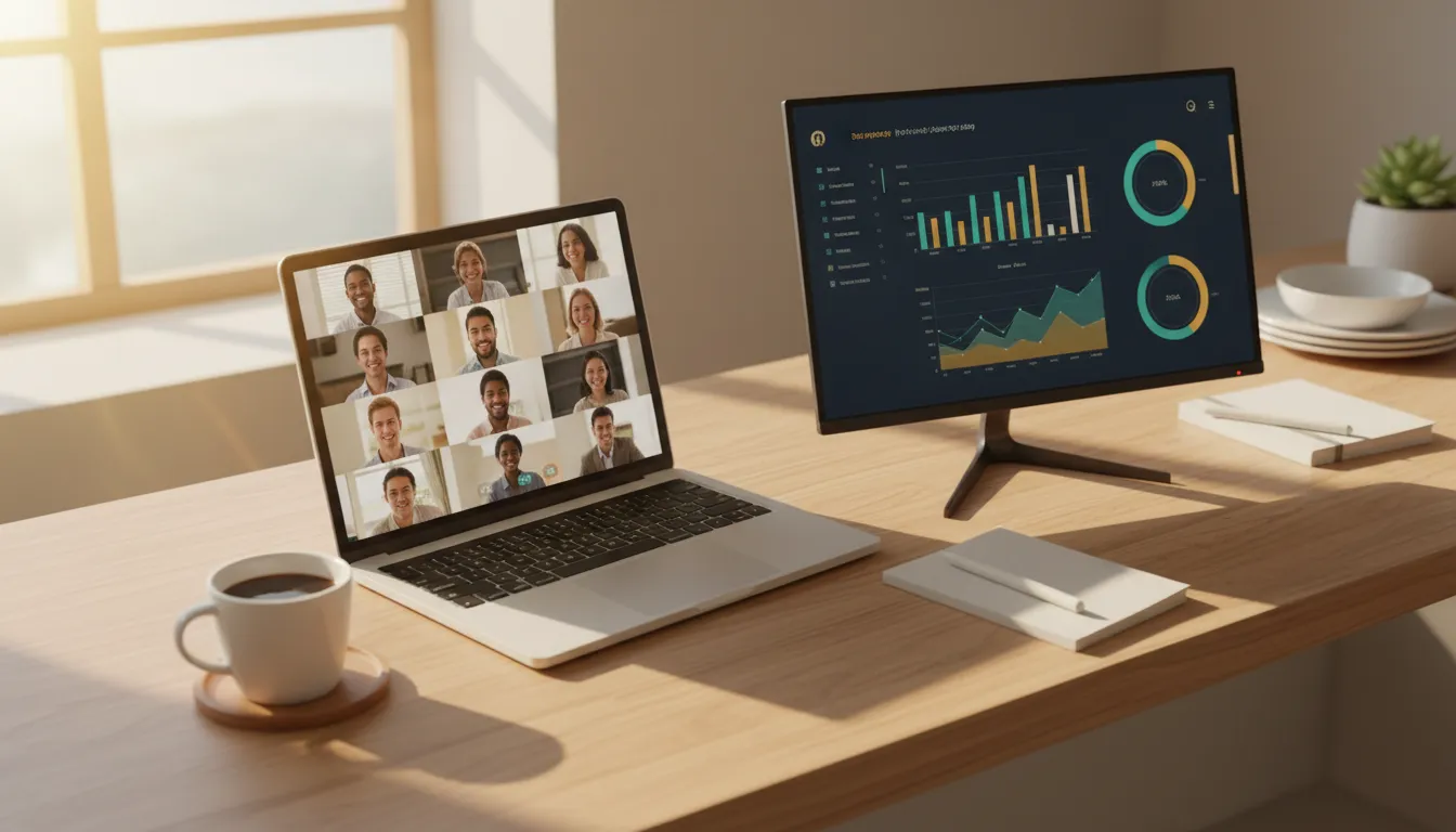 Laptop on a sunlit desk displaying a video call, conveying a thriving virtual accounting practice