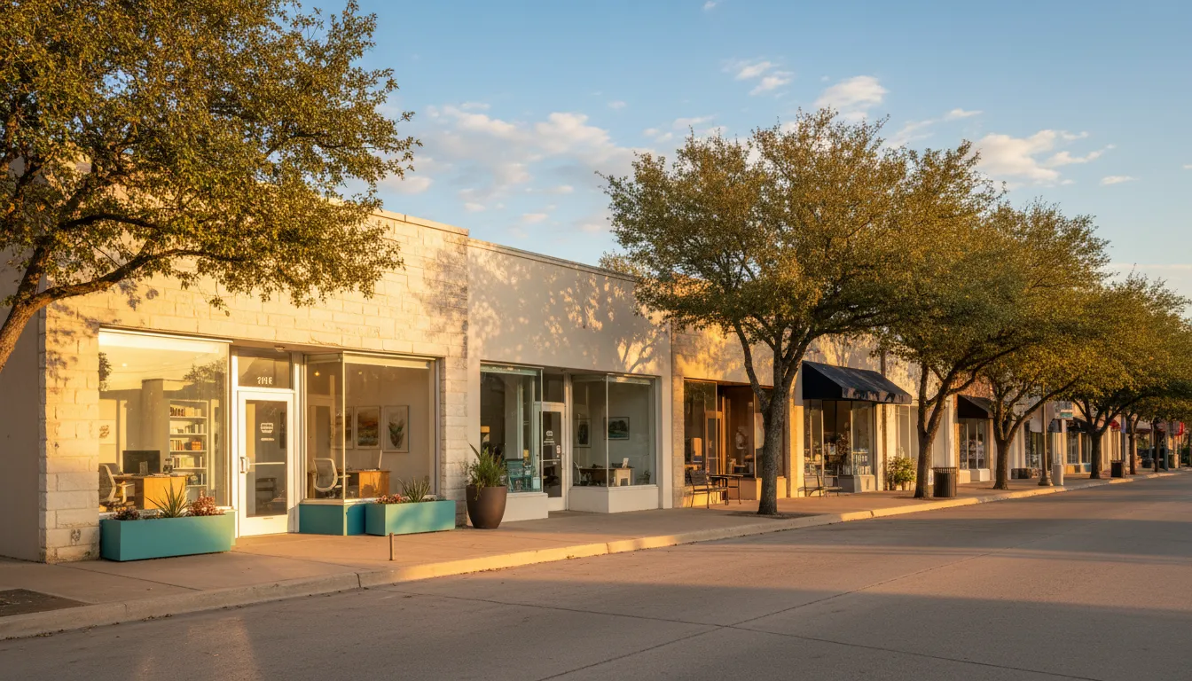 Row of professional office storefronts along a sunlit Texas Hill Country main street