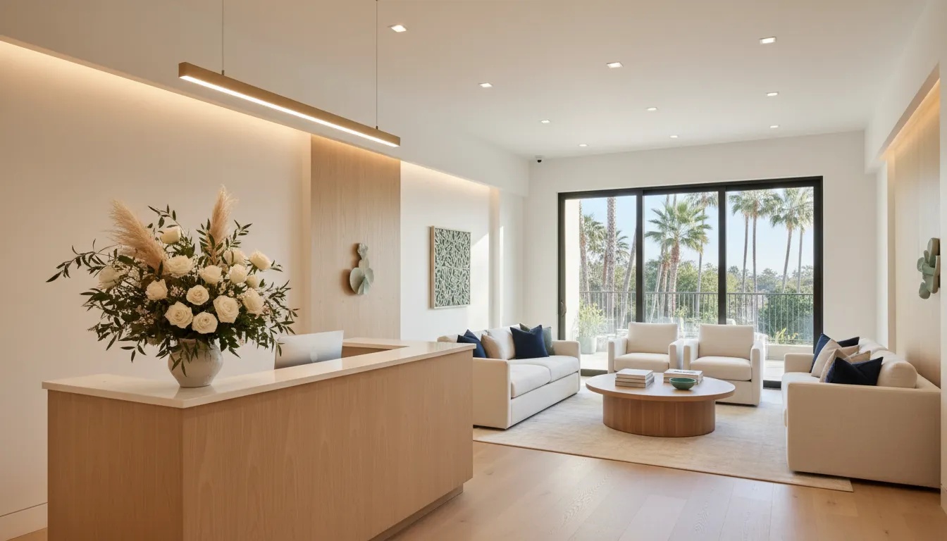 Modern med spa reception area with clean white interior and natural light in Southern California