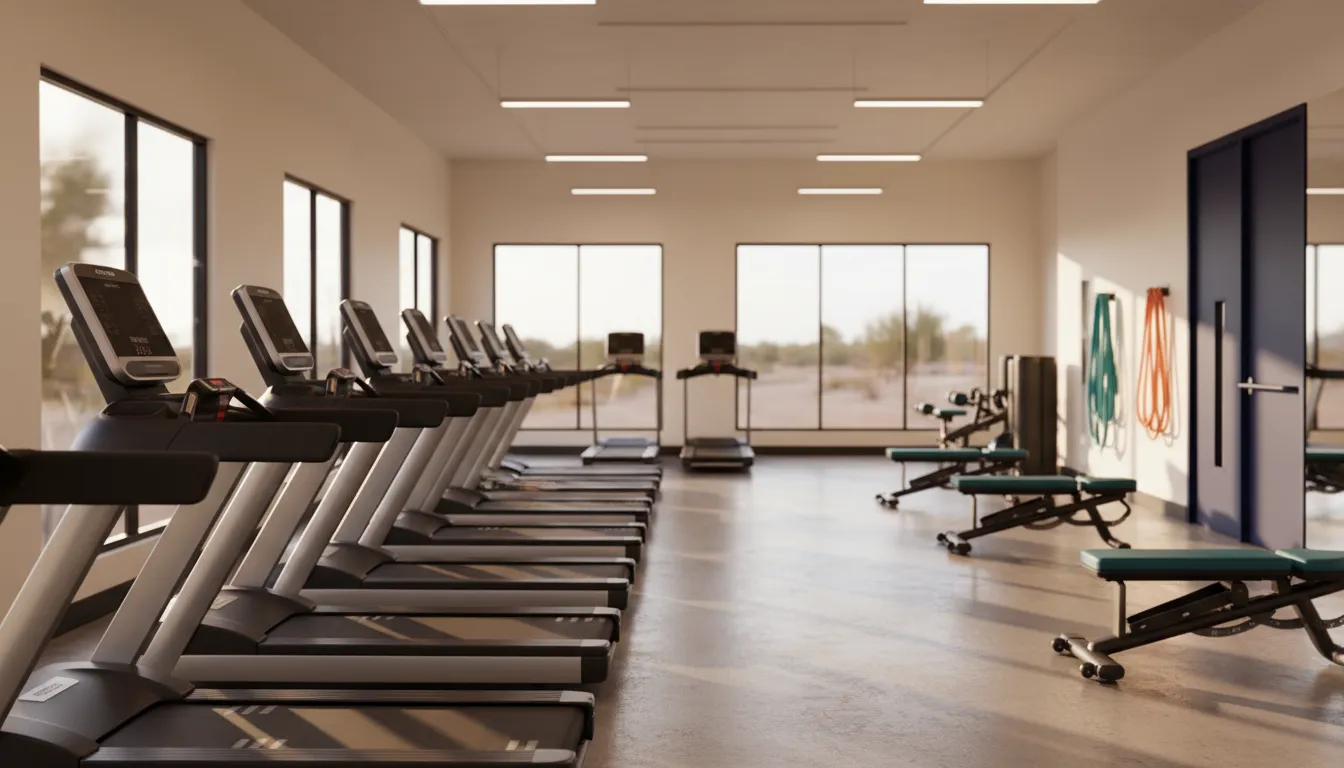 Modern fitness studio interior with treadmills and workout equipment bathed in warm Arizona sunlight
