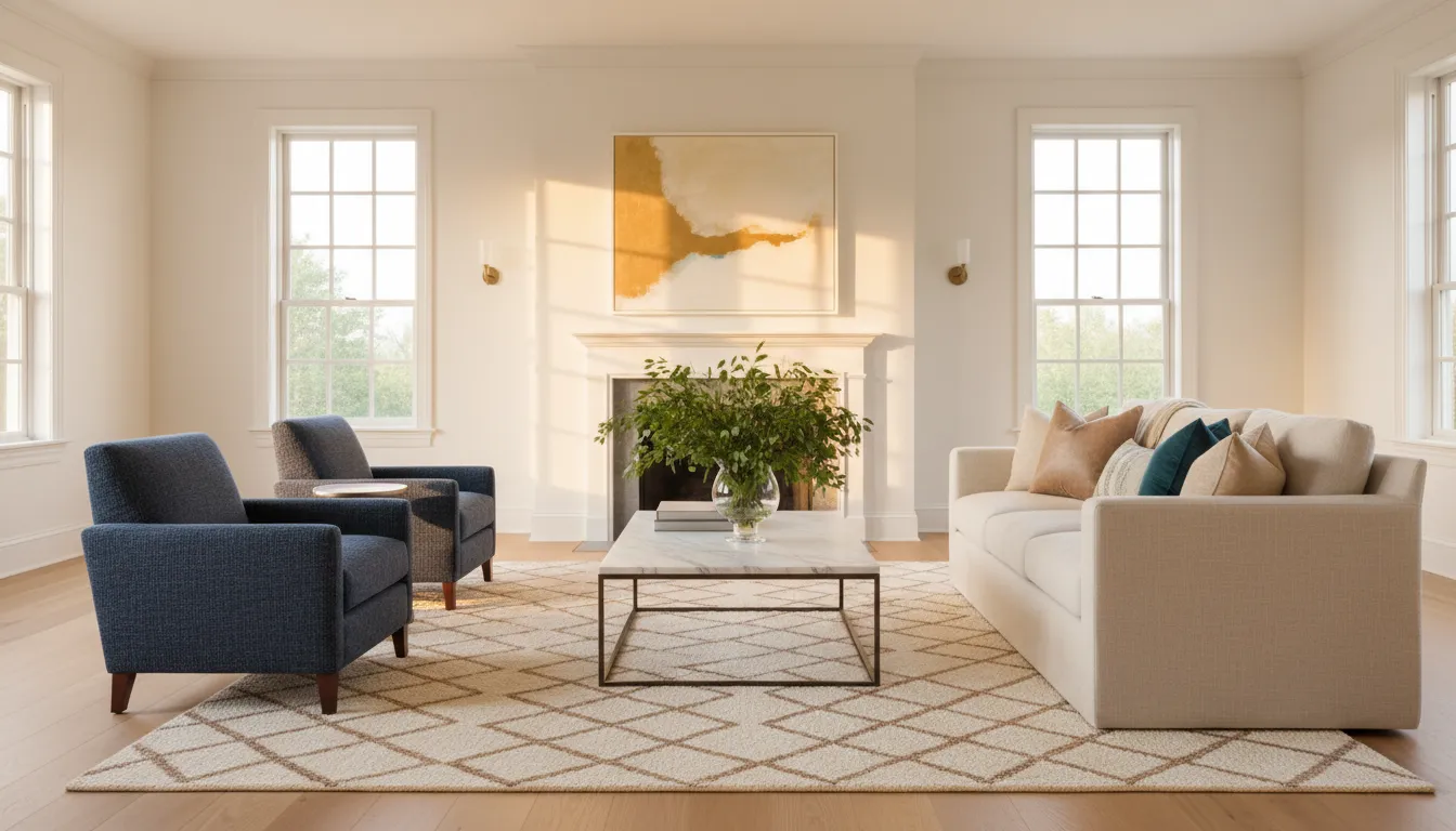 Beautifully staged luxury living room with neutral tones and warm natural light