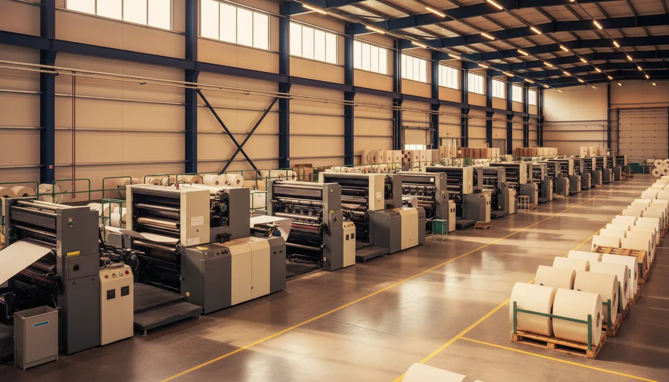 Large commercial printing and manufacturing facility with offset presses and organized production floor