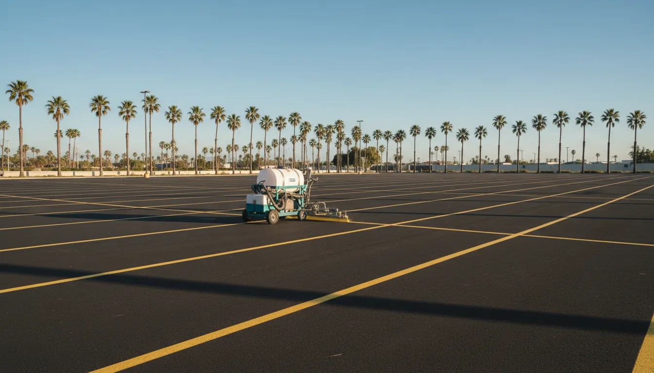 Commercial parking lot striping operation with fresh yellow lines on asphalt under California sun