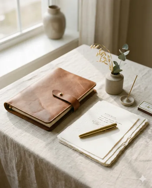 Leather journal, handmade paper, and gold pen on a linen-draped desk — warm editorial still life
