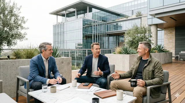Editorial photograph of a modern conference room at golden hour with warm afternoon light, walnut table with scattered documents and leather portfolios, clean institutional aesthetic